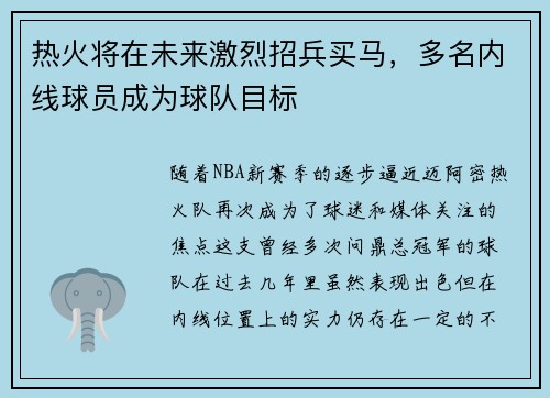 热火将在未来激烈招兵买马，多名内线球员成为球队目标